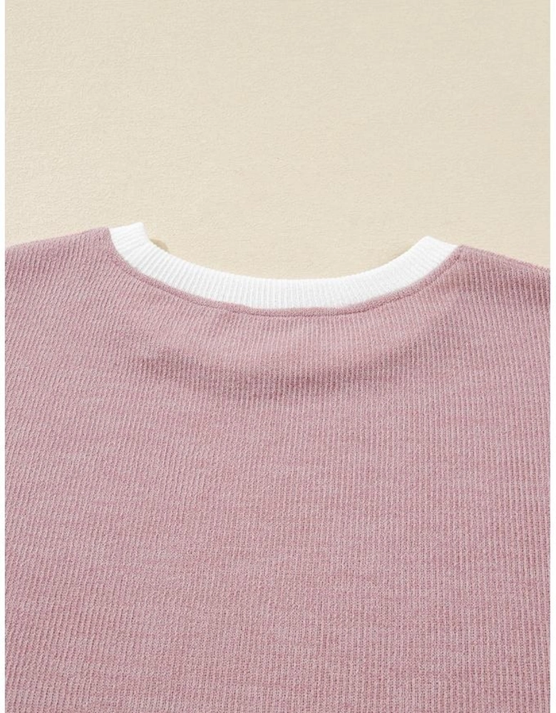 Light Pink Contrast Trim Knitted Drop Shoulder Plus Size Top