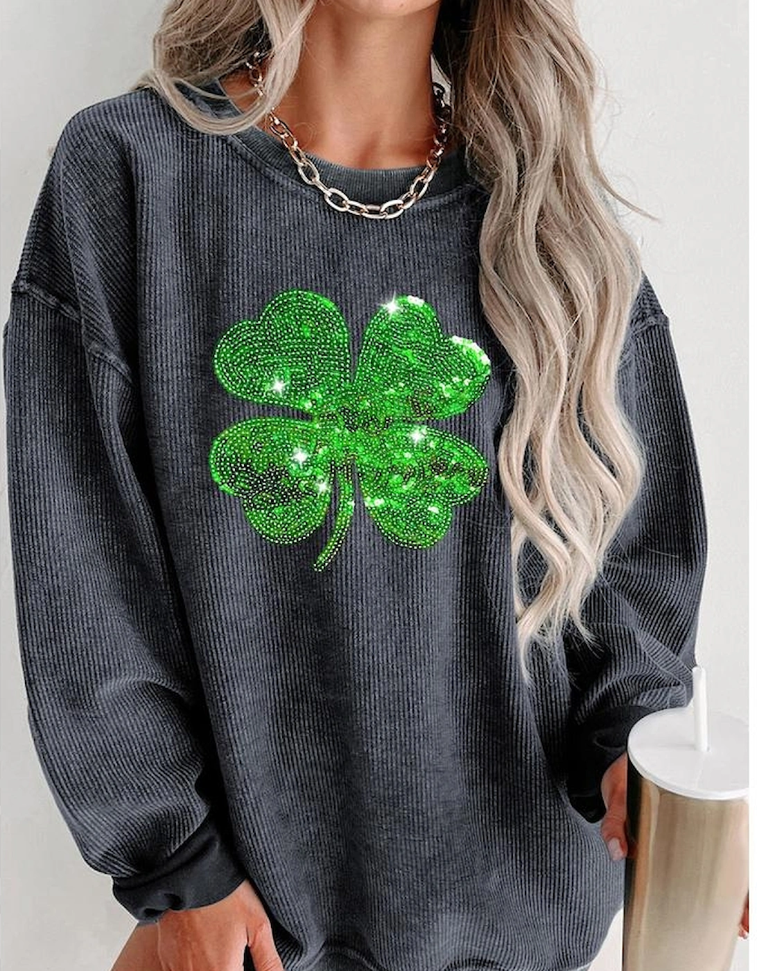 Gray Sequin St Patrick Clover Patch Corded Sweatshirt, 4 of 3