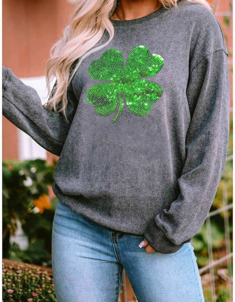 Gray Sequin St Patrick Clover Patch Corded Sweatshirt
