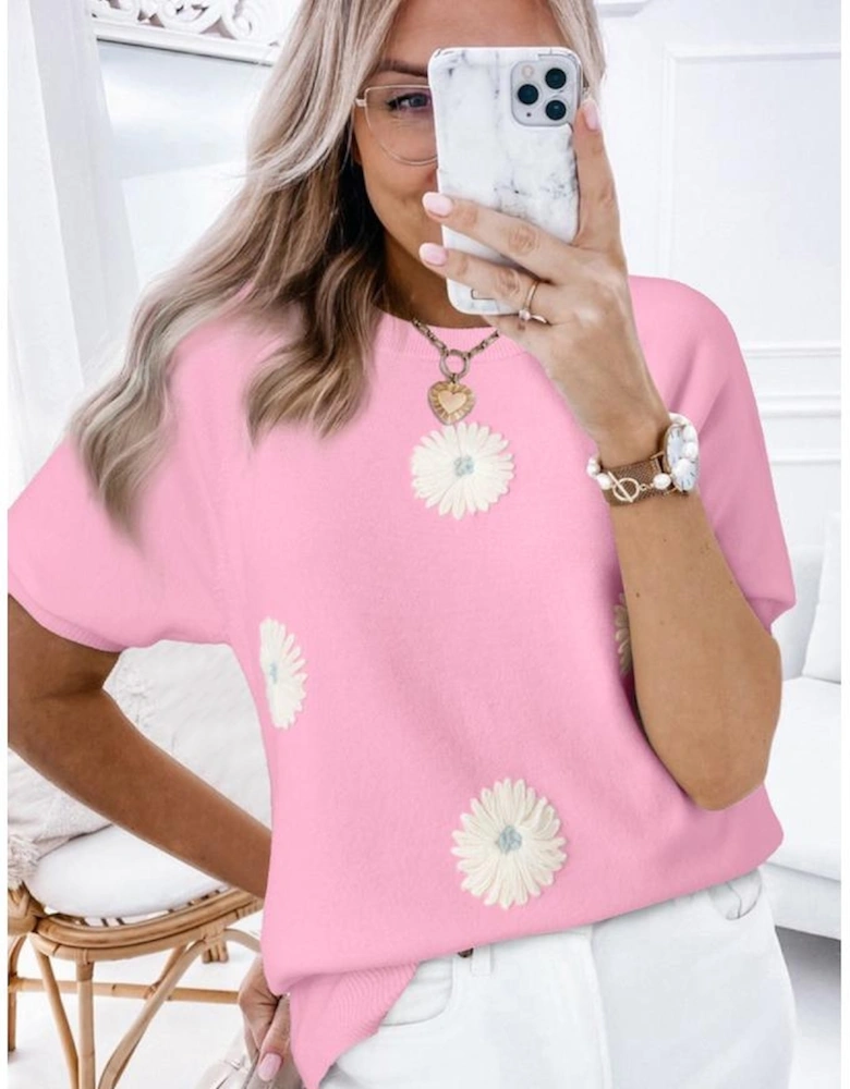 Pink Flower Pattern Short Sleeve Knitted Top