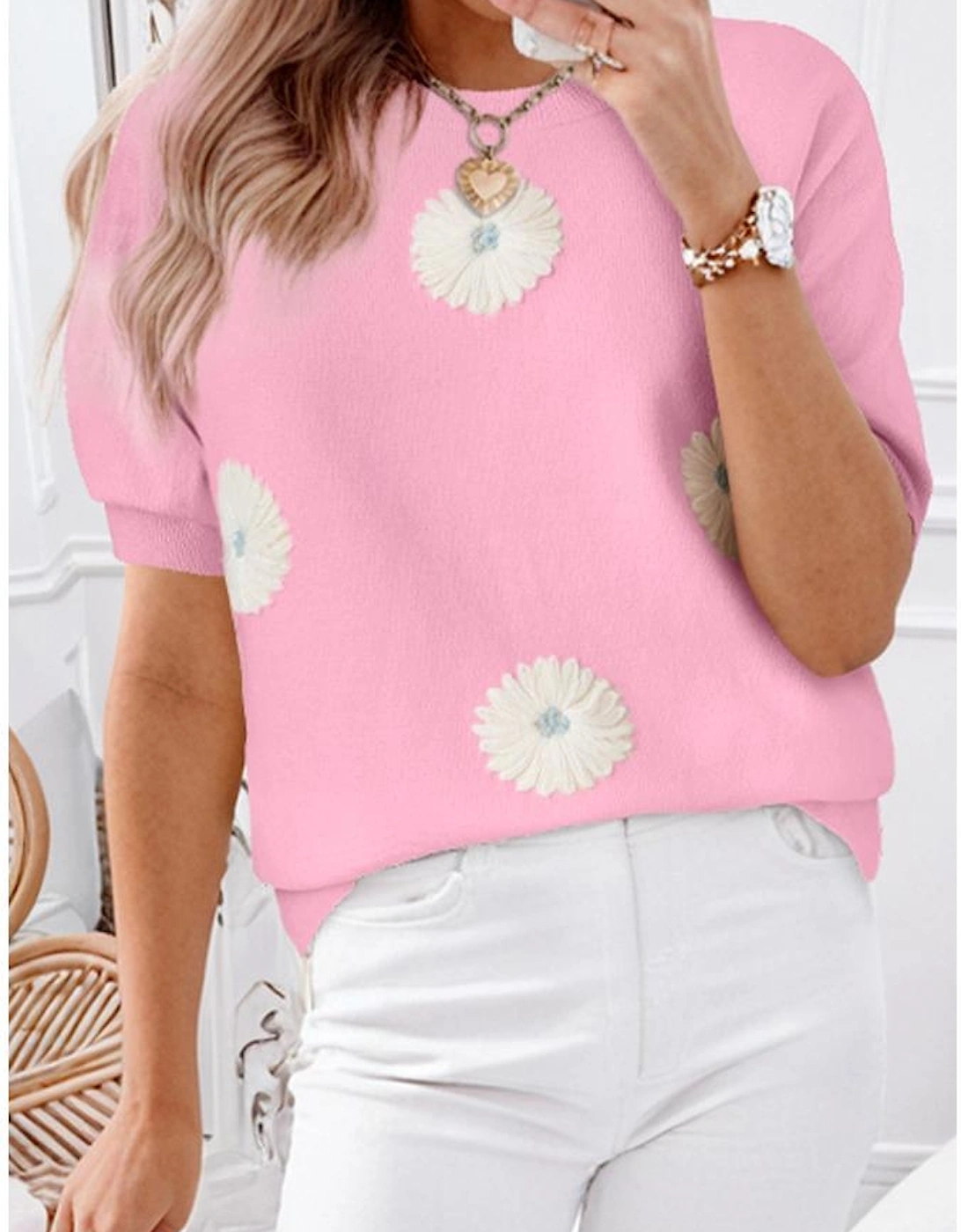 Pink Flower Pattern Short Sleeve Knitted Top