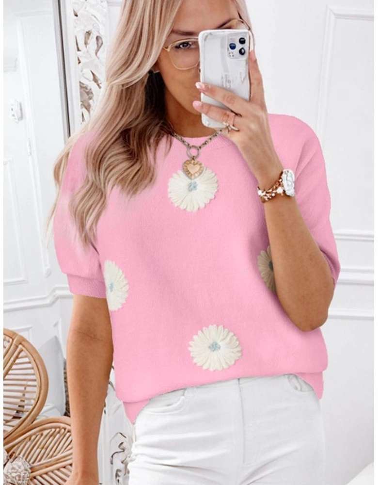 Pink Flower Pattern Short Sleeve Knitted Top