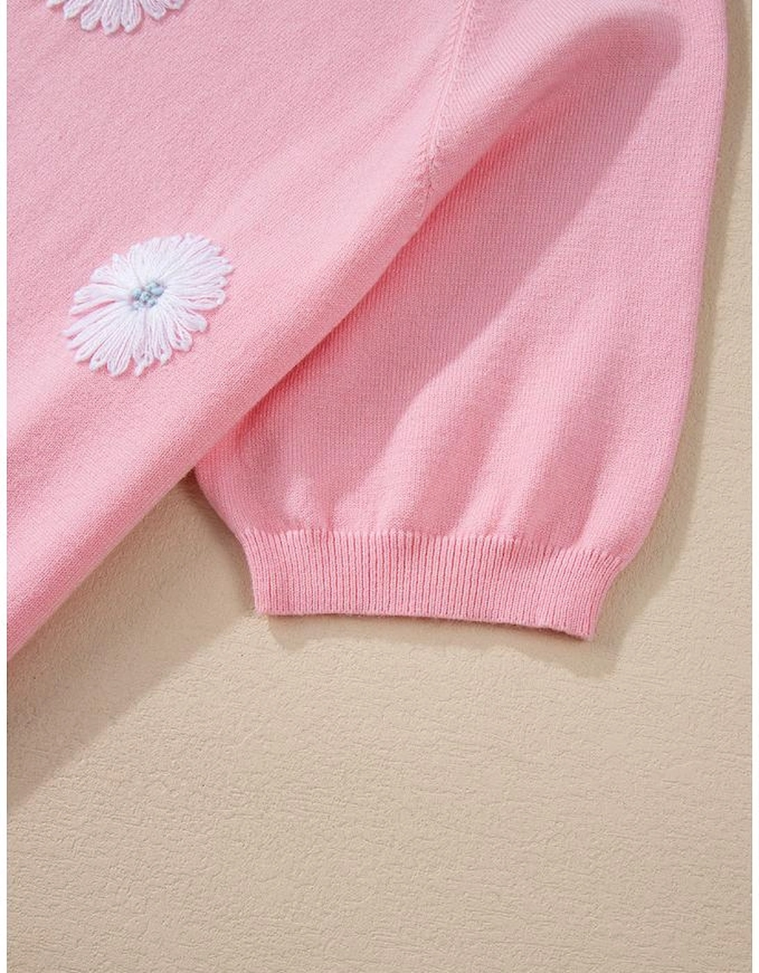 Pink Flower Pattern Short Sleeve Knitted Top
