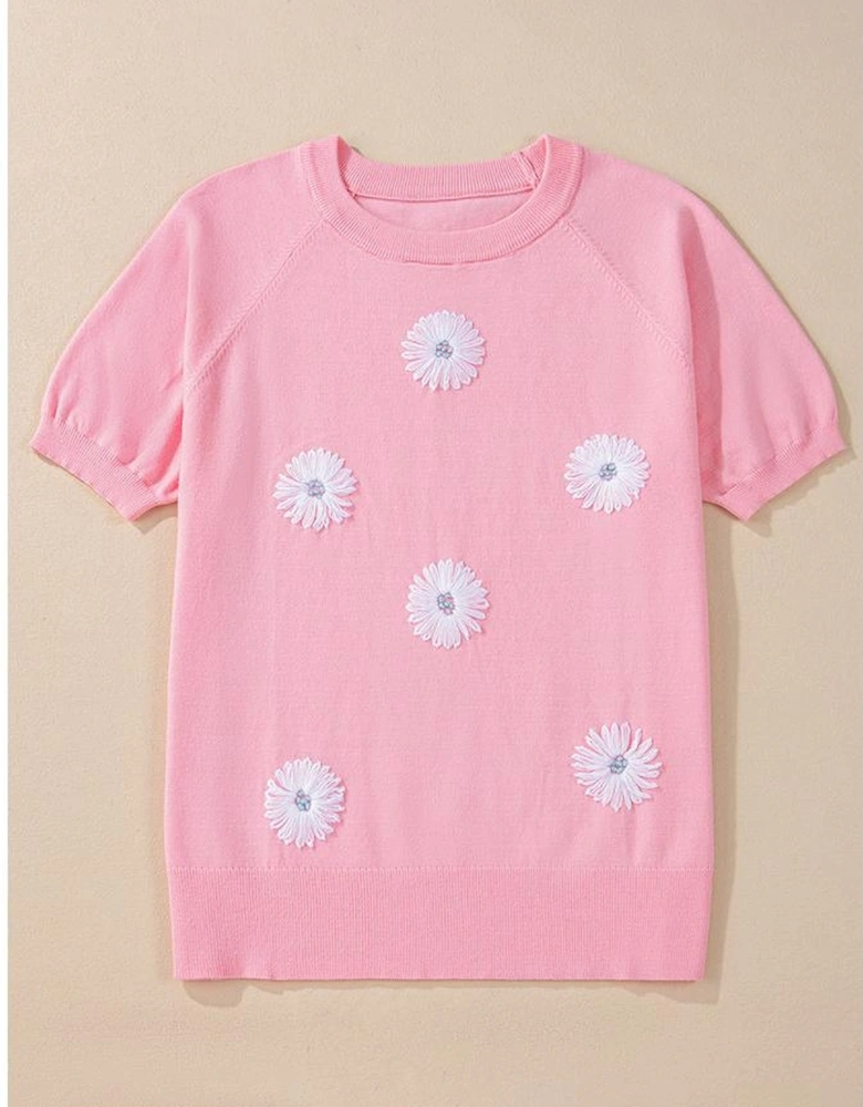 Pink Flower Pattern Short Sleeve Knitted Top