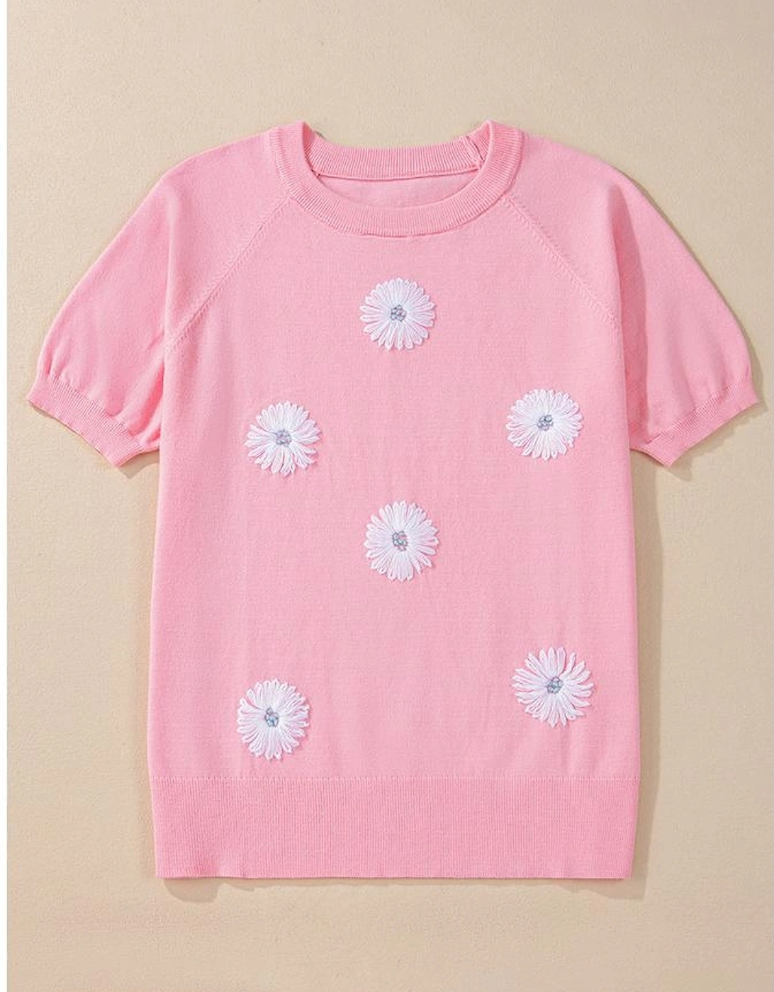 Pink Flower Pattern Short Sleeve Knitted Top