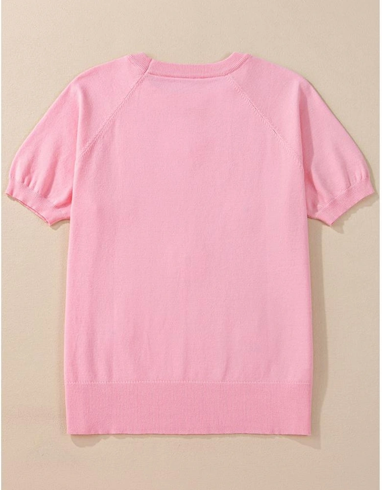 Pink Flower Pattern Short Sleeve Knitted Top