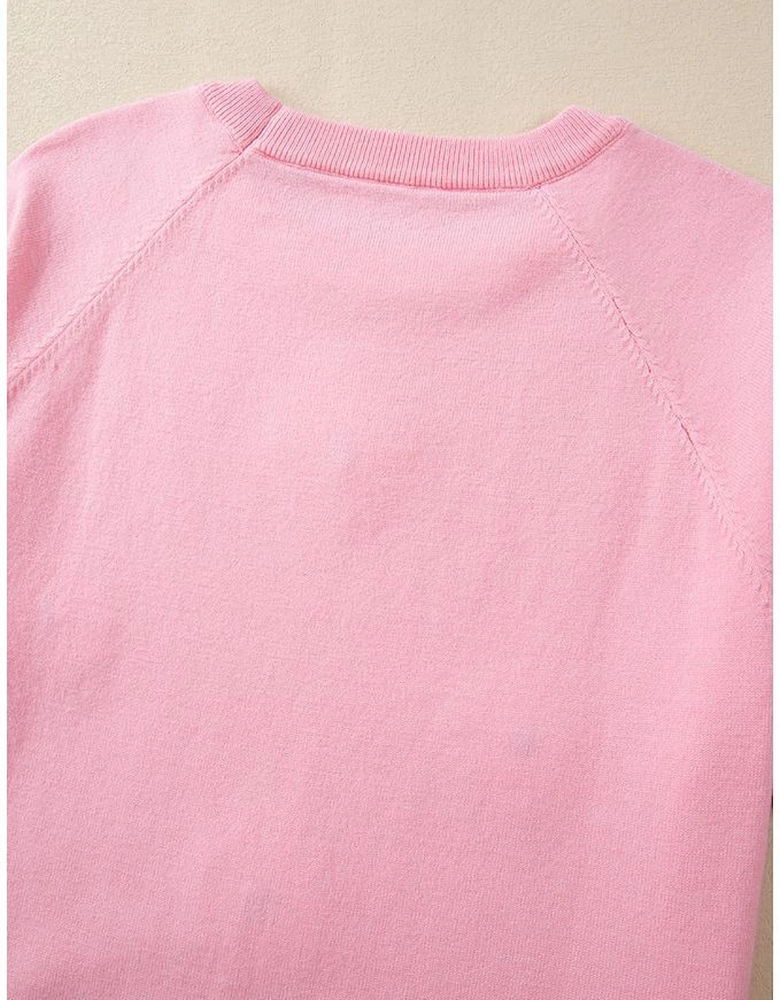 Pink Flower Pattern Short Sleeve Knitted Top