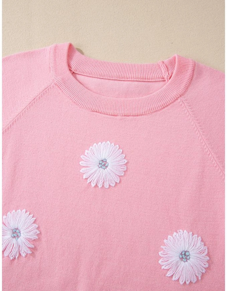 Pink Flower Pattern Short Sleeve Knitted Top