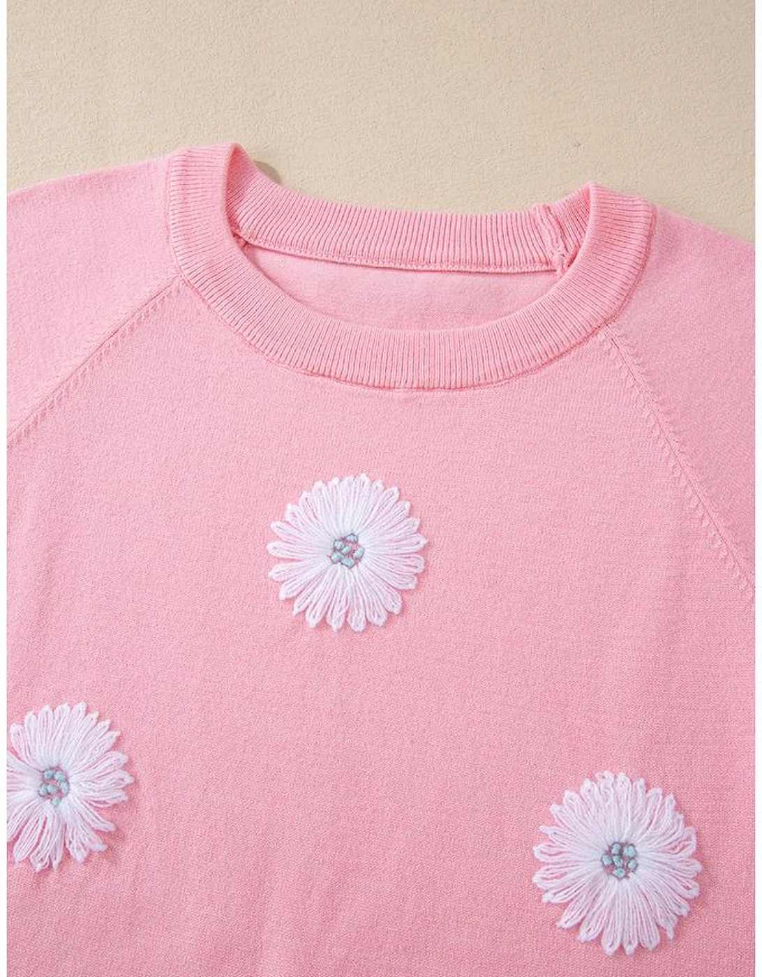 Pink Flower Pattern Short Sleeve Knitted Top