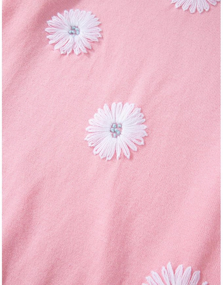 Pink Flower Pattern Short Sleeve Knitted Top