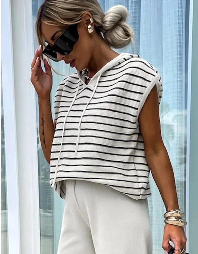 White Stripe Drawstring Hooded Loose Sweater T Shirt