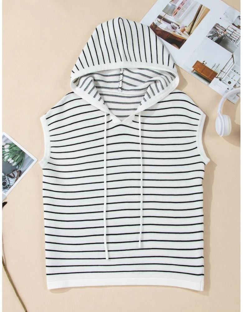 White Stripe Drawstring Hooded Loose Sweater T Shirt