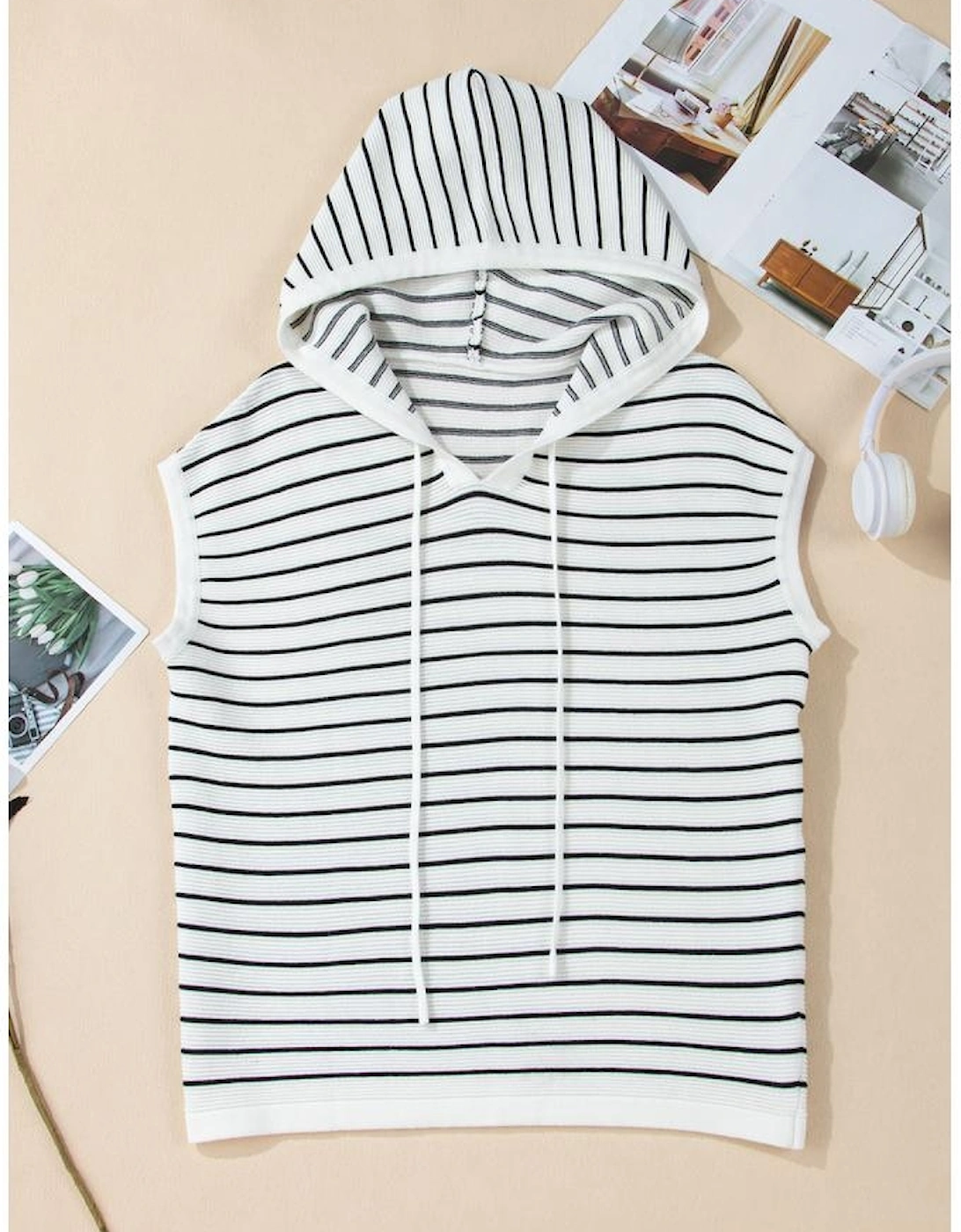 White Stripe Drawstring Hooded Loose Sweater T Shirt