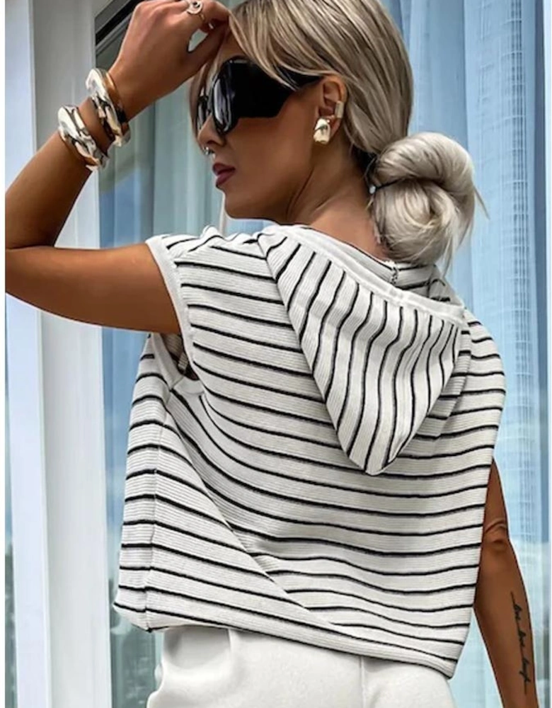 White Stripe Drawstring Hooded Loose Sweater T Shirt