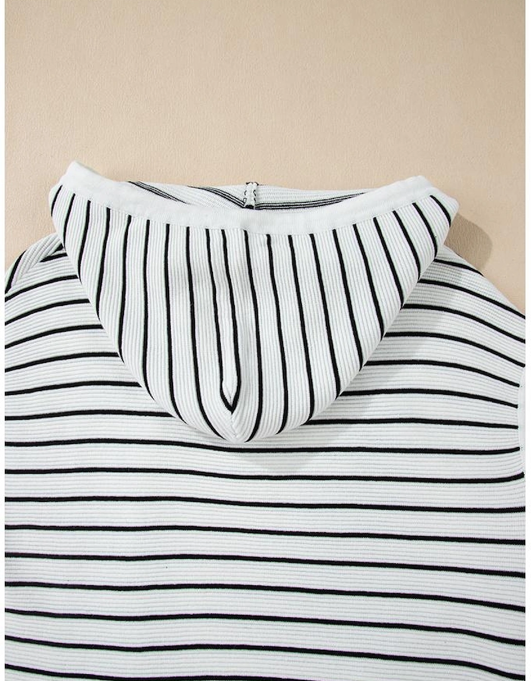 White Stripe Drawstring Hooded Loose Sweater T Shirt