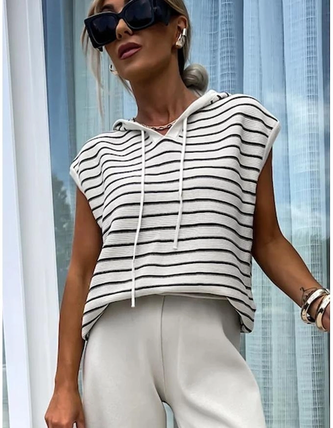 White Stripe Drawstring Hooded Loose Sweater T Shirt