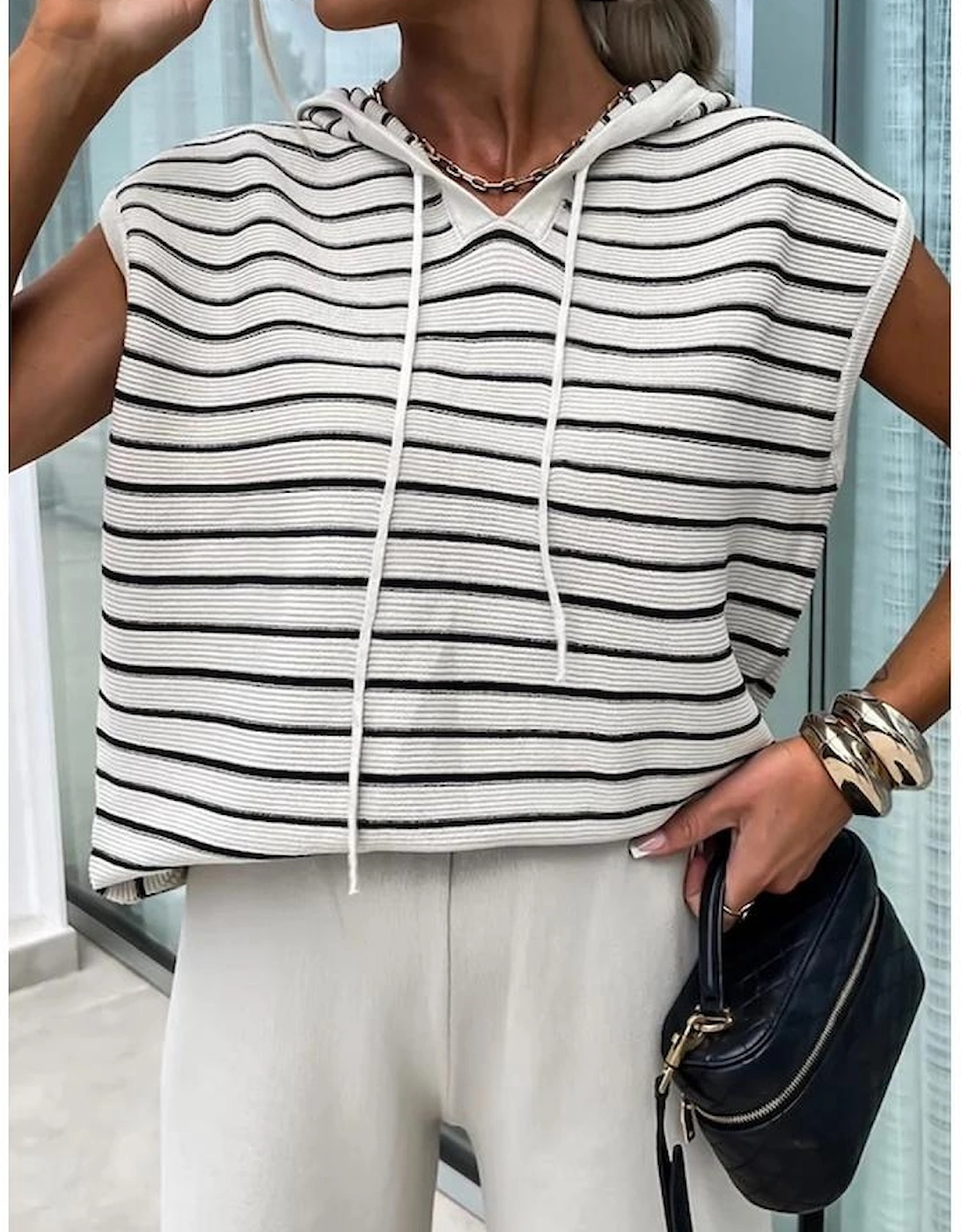 White Stripe Drawstring Hooded Loose Sweater T Shirt, 13 of 12