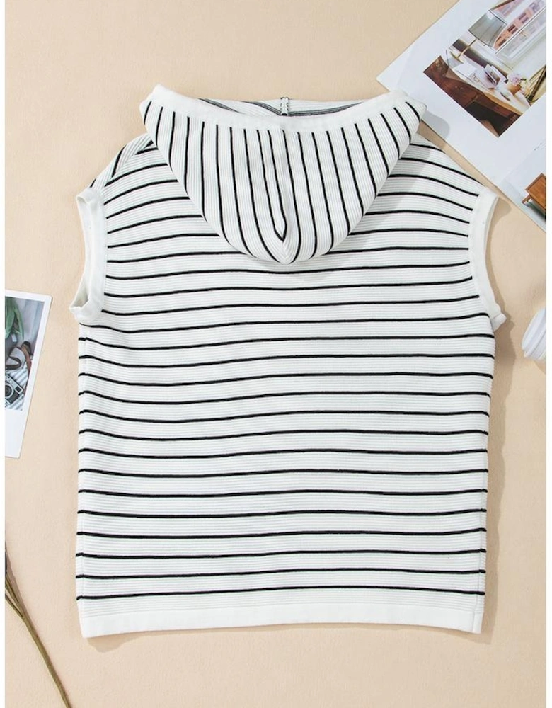 White Stripe Drawstring Hooded Loose Sweater T Shirt