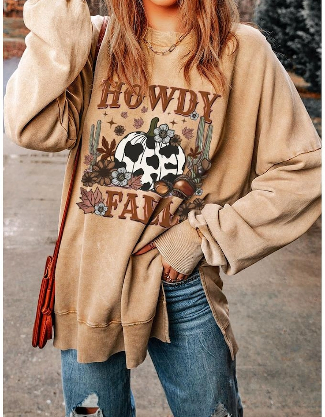 Khaki HOWDY FALL Pumpkin Print Split Hem Sweatshirt, 4 of 3