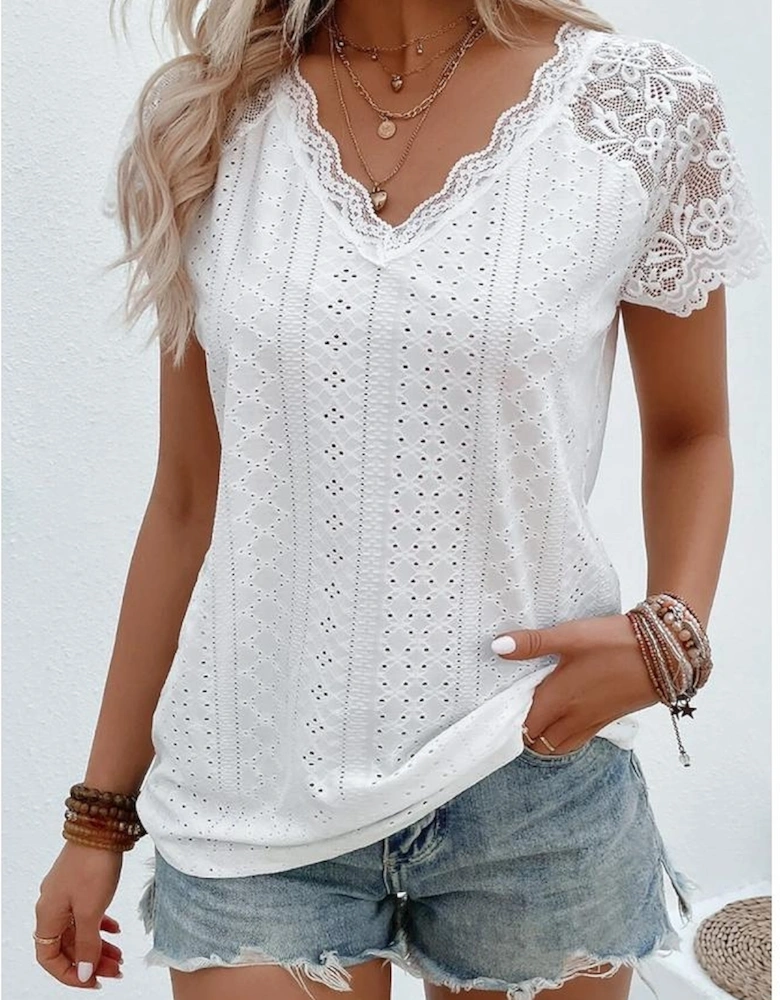White Sheer Lace Short Sleeves Eyelet Embroidered Tee