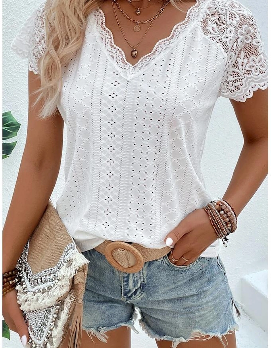 White Sheer Lace Short Sleeves Eyelet Embroidered Tee