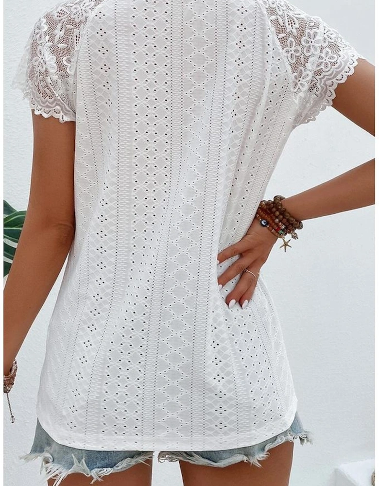 White Sheer Lace Short Sleeves Eyelet Embroidered Tee