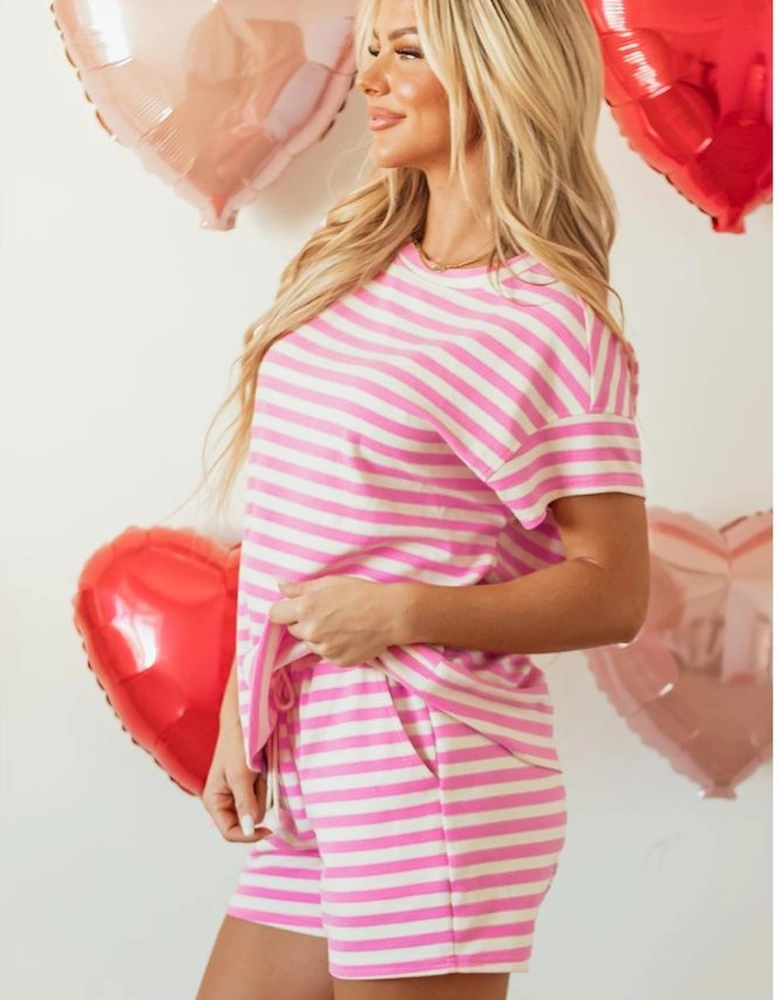Rose Stripe Crew Neck T Shirt and Drawstring Shorts Set