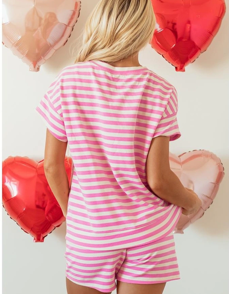 Rose Stripe Crew Neck T Shirt and Drawstring Shorts Set