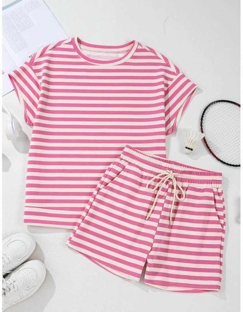 Rose Stripe Crew Neck T Shirt and Drawstring Shorts Set