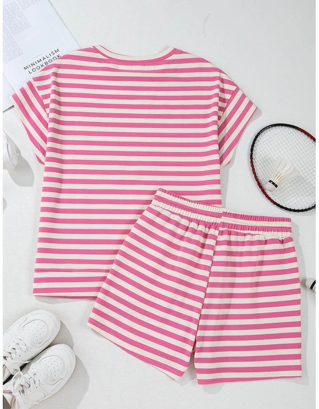 Rose Stripe Crew Neck T Shirt and Drawstring Shorts Set
