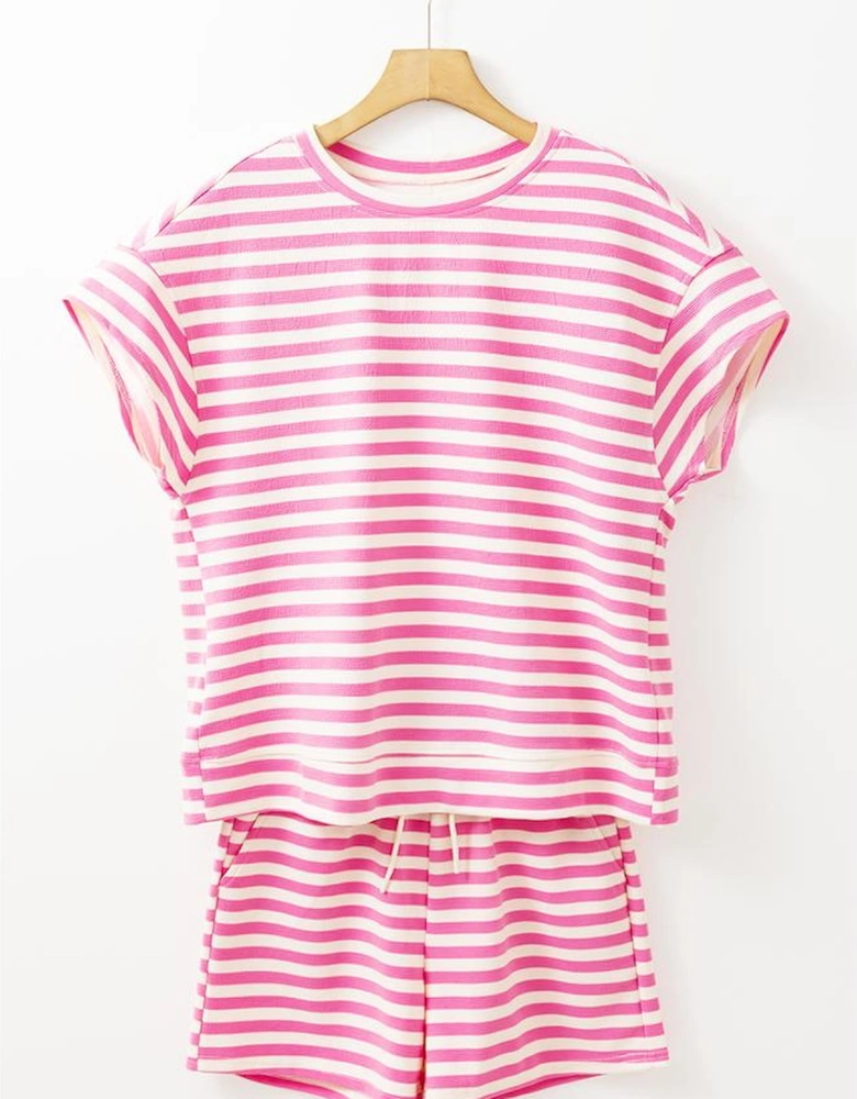 Rose Stripe Crew Neck T Shirt and Drawstring Shorts Set