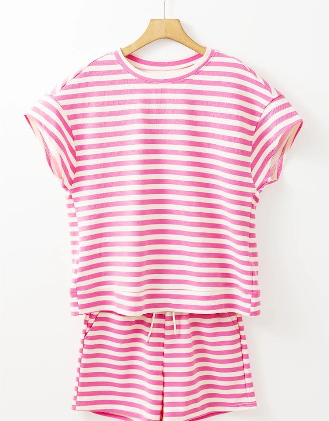 Rose Stripe Crew Neck T Shirt and Drawstring Shorts Set