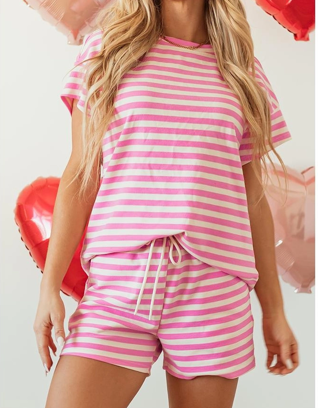 Rose Stripe Crew Neck T Shirt and Drawstring Shorts Set