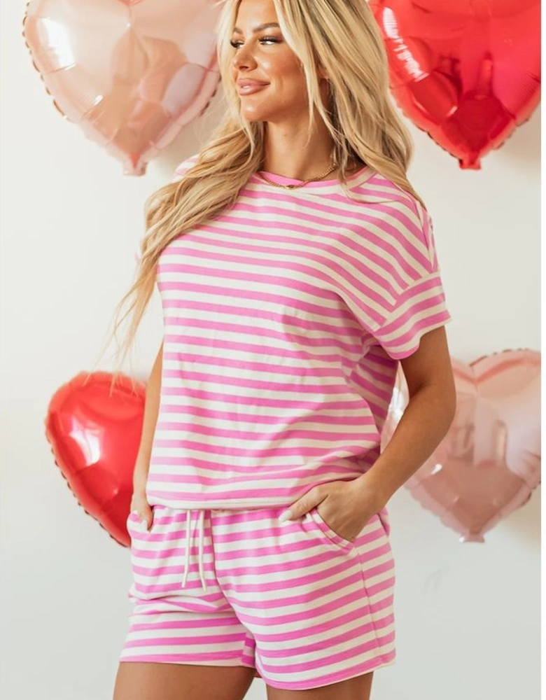 Rose Stripe Crew Neck T Shirt and Drawstring Shorts Set