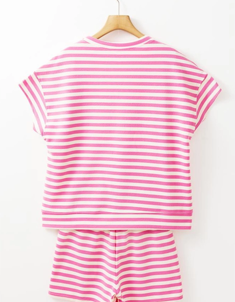 Rose Stripe Crew Neck T Shirt and Drawstring Shorts Set