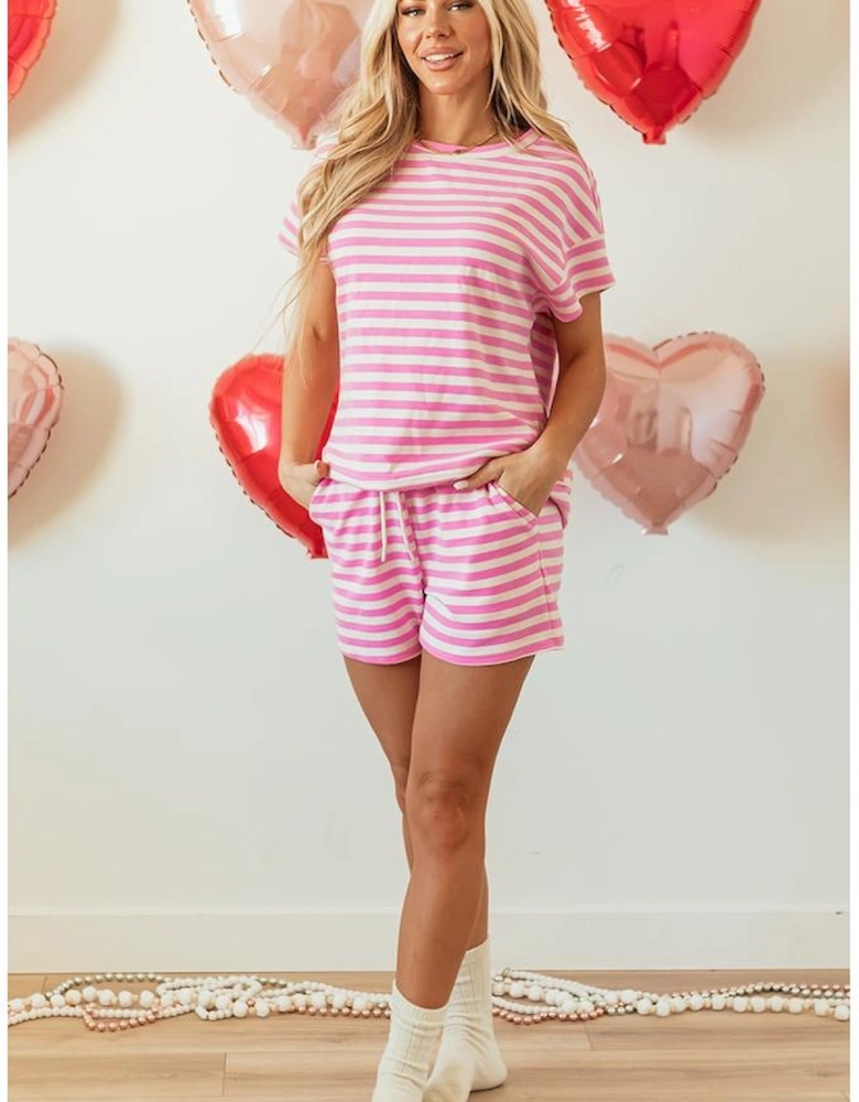 Rose Stripe Crew Neck T Shirt and Drawstring Shorts Set