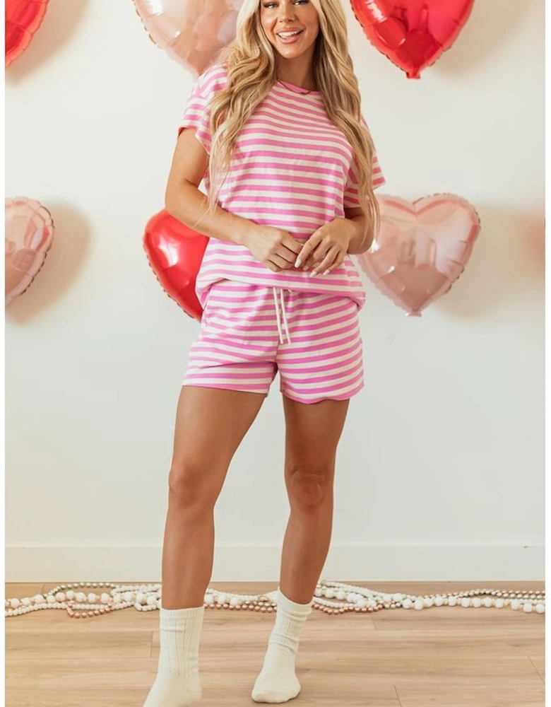 Rose Stripe Crew Neck T Shirt and Drawstring Shorts Set