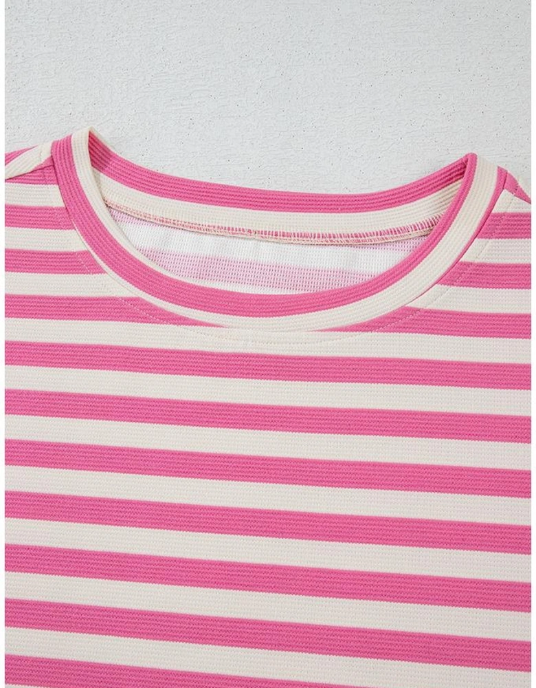 Rose Stripe Crew Neck T Shirt and Drawstring Shorts Set