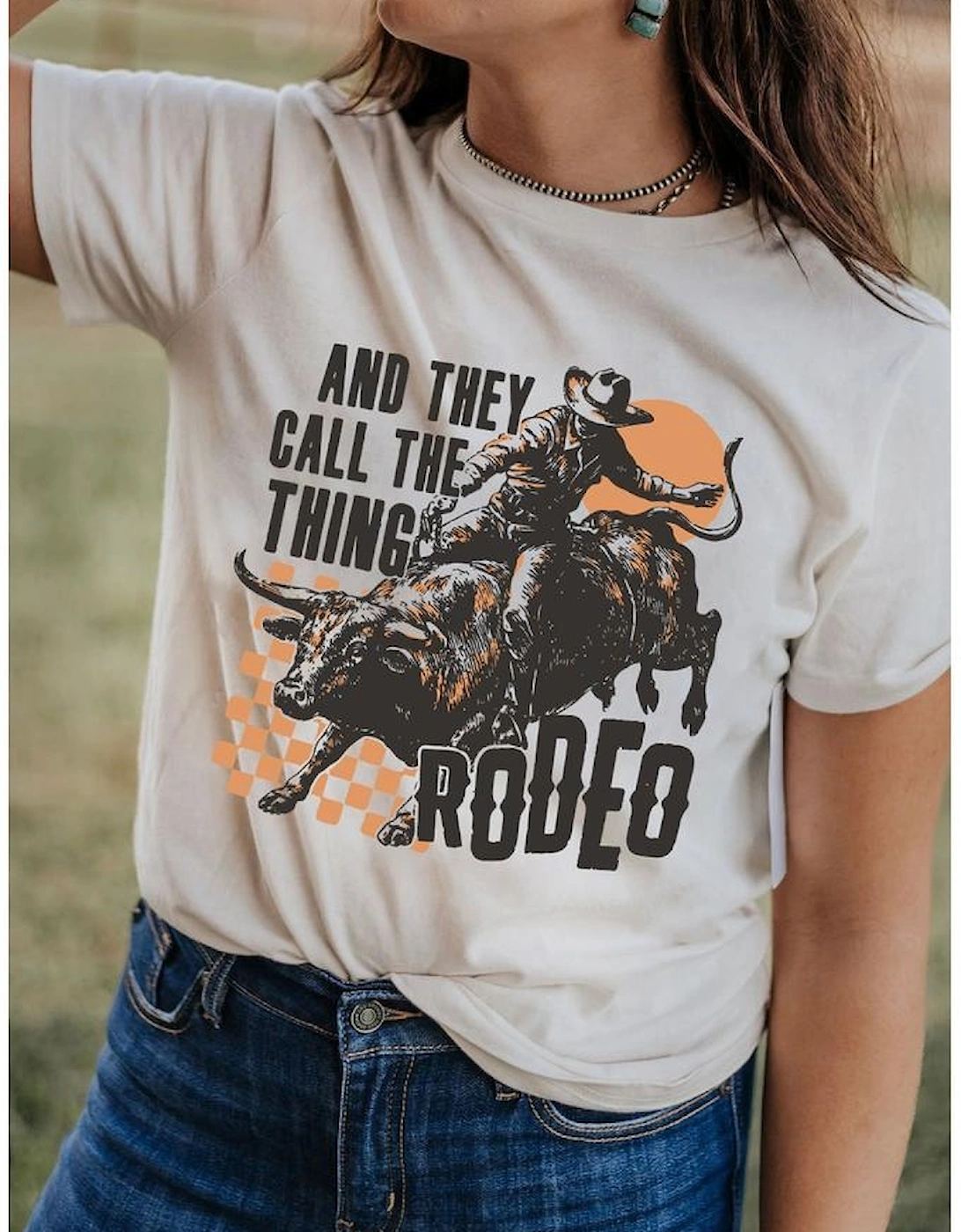 White AND THEY CALL THE THING RODEO Graphic Crewneck Tee