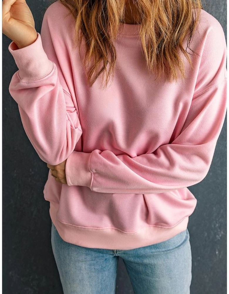 Pink Solid Classic Crewneck Pullover Sweatshirt