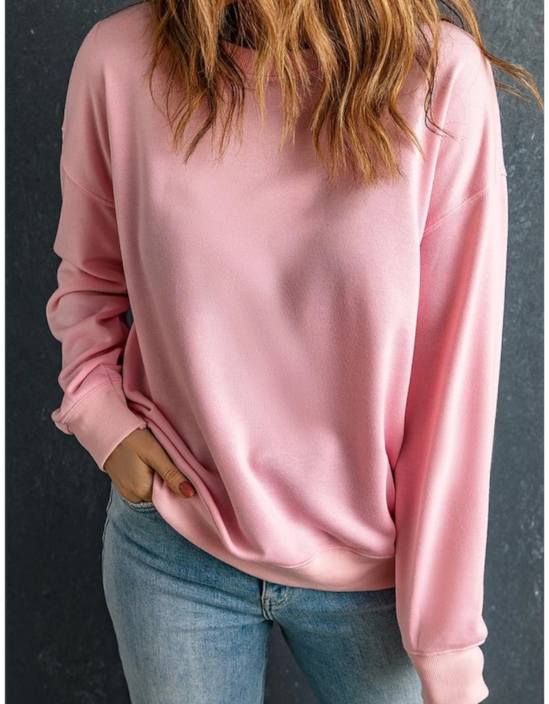 Pink Solid Classic Crewneck Pullover Sweatshirt