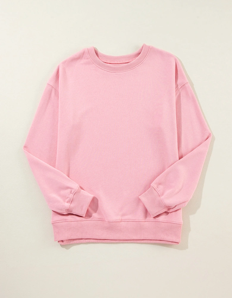 Pink Solid Classic Crewneck Pullover Sweatshirt