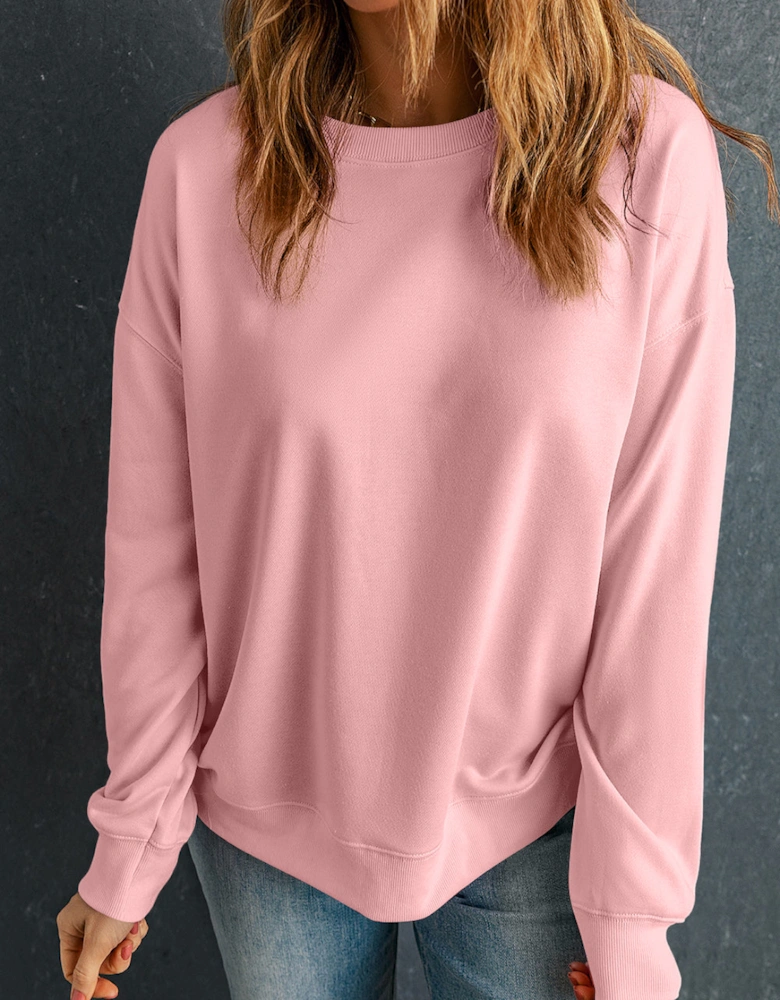Pink Solid Classic Crewneck Pullover Sweatshirt