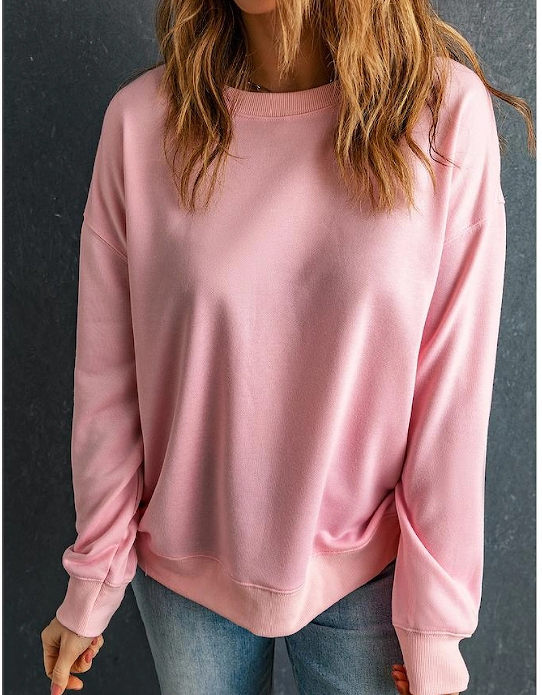 Pink Solid Classic Crewneck Pullover Sweatshirt