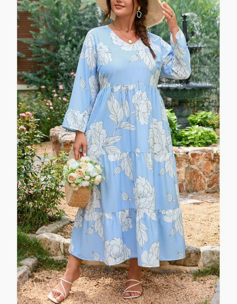Sky Blue Floral Bracelet Sleeve V Neck Plus Size Tiered Maxi Dress
