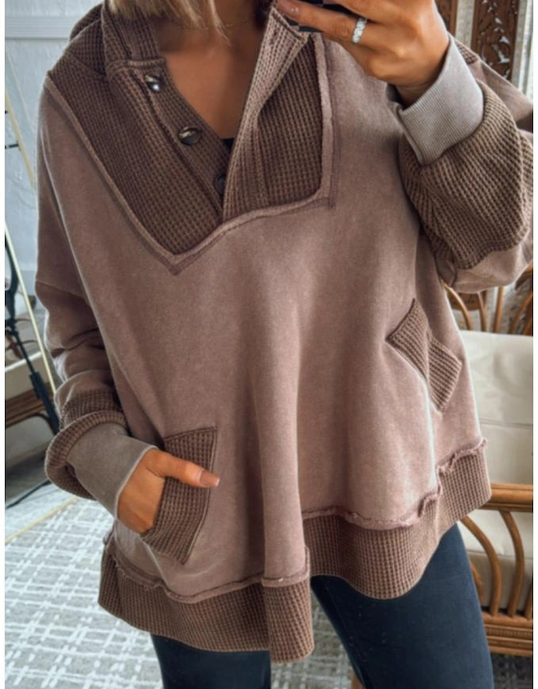 Goat Waffle Contrast Patchwork Plus Size Pocketed Hoodie