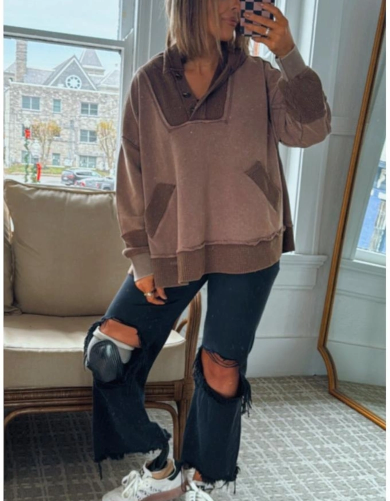 Goat Waffle Contrast Patchwork Plus Size Pocketed Hoodie