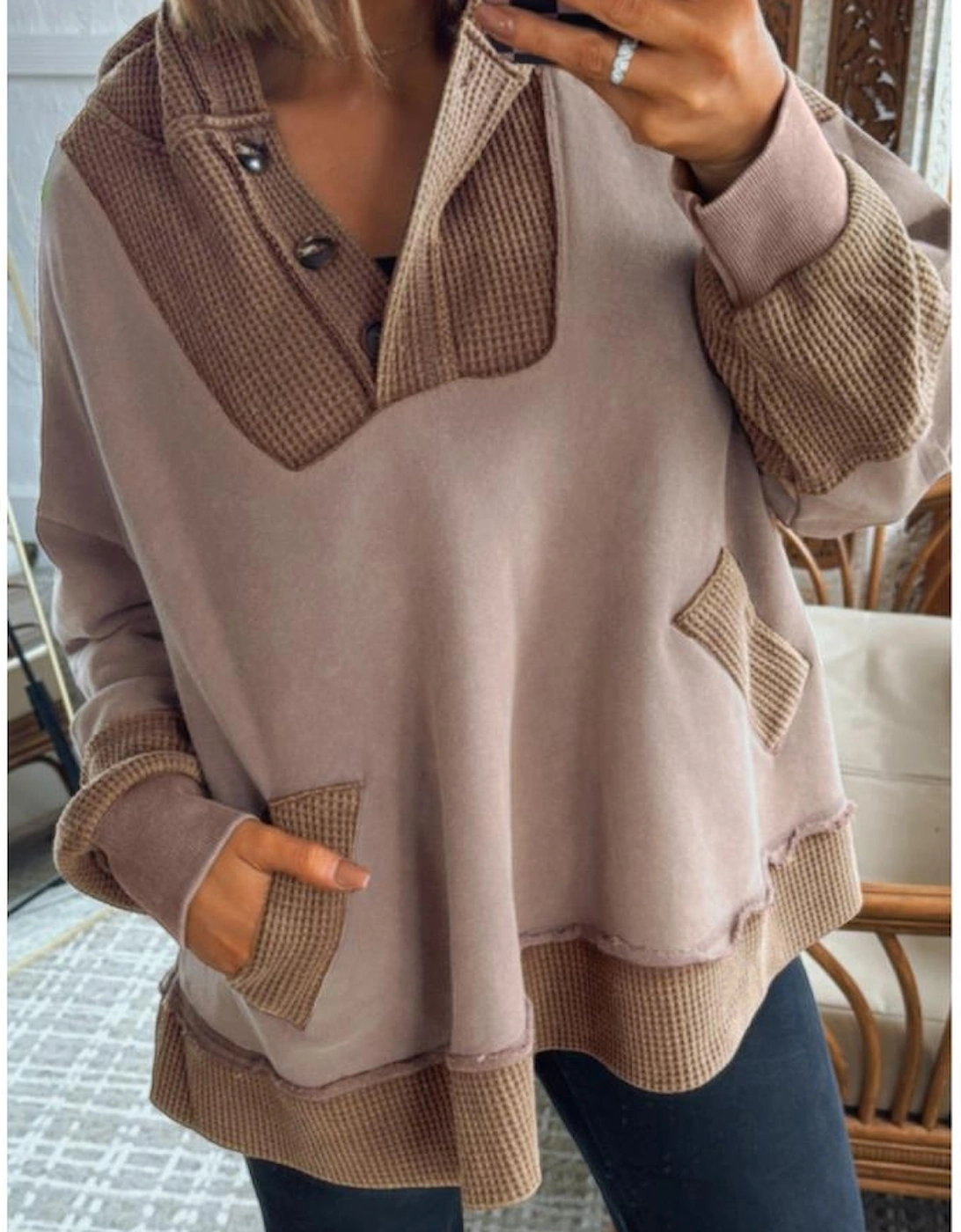 Goat Waffle Contrast Patchwork Plus Size Pocketed Hoodie