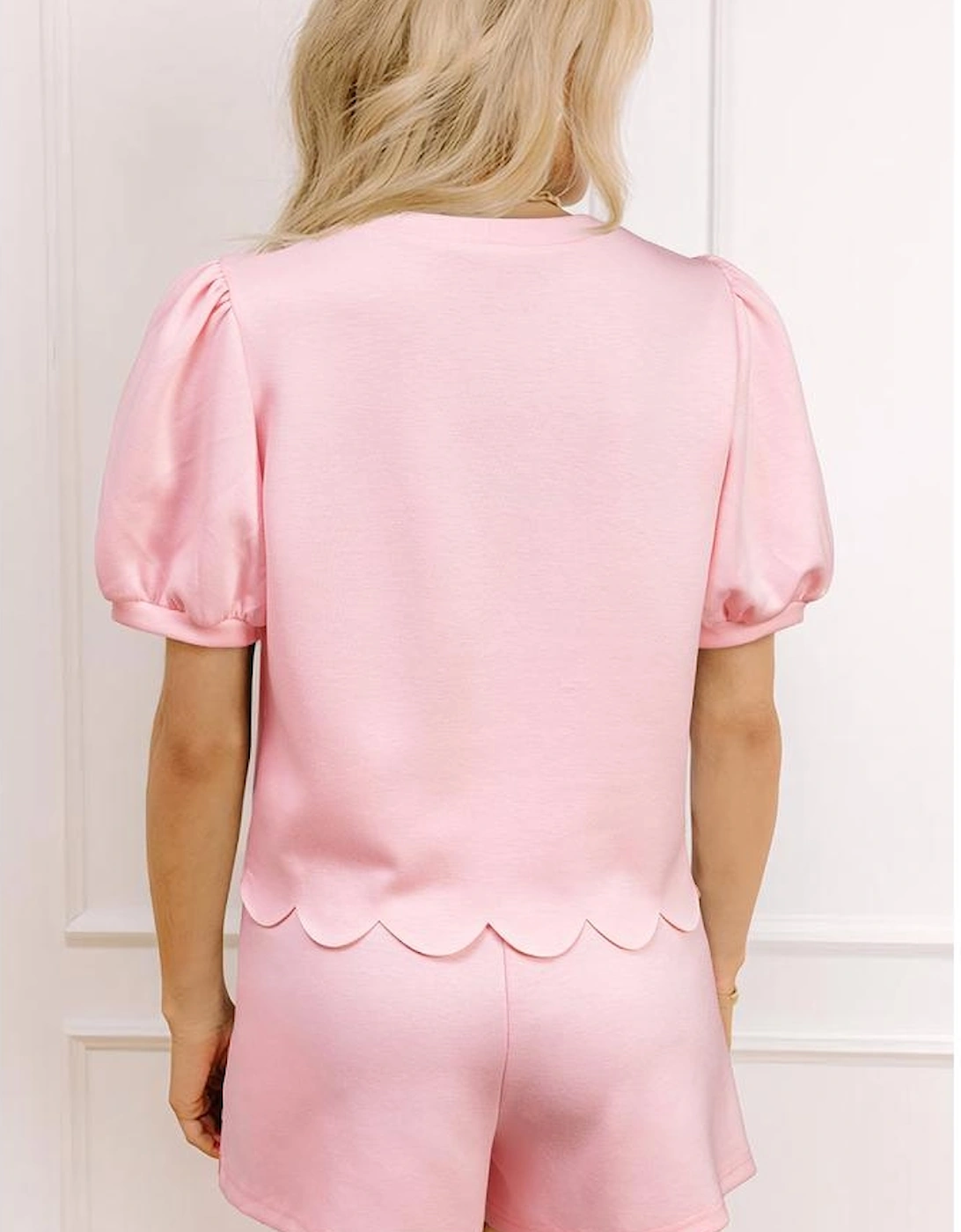 Light Pink Puff Sleeve Pearl Embellished Scallop Trim Top 2 Piece Skort Set, 14 of 13