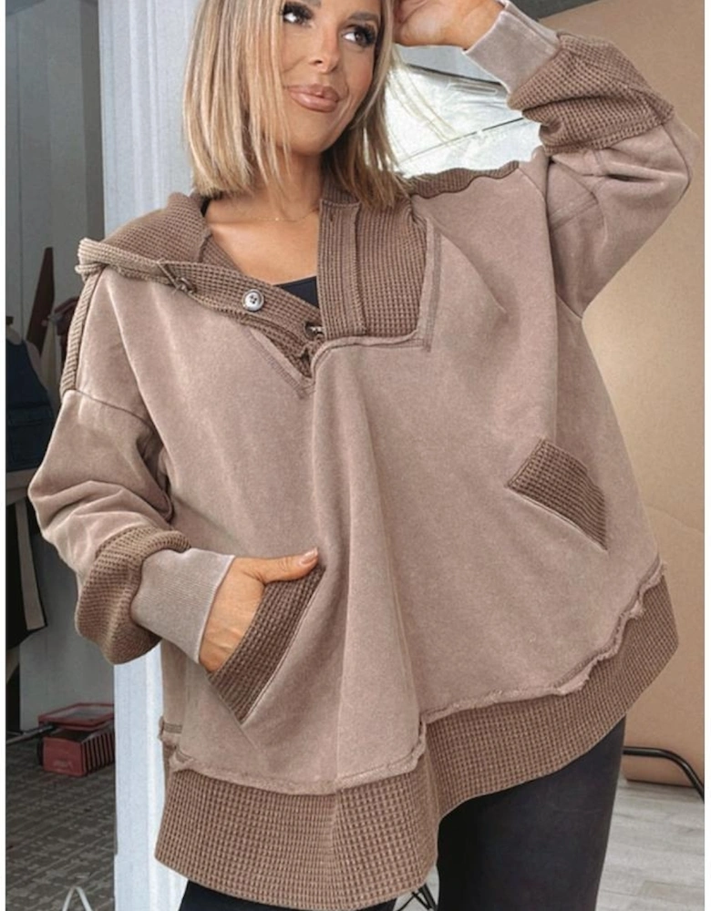 Goat Waffle Contrast Patchwork Plus Size Pocketed Hoodie